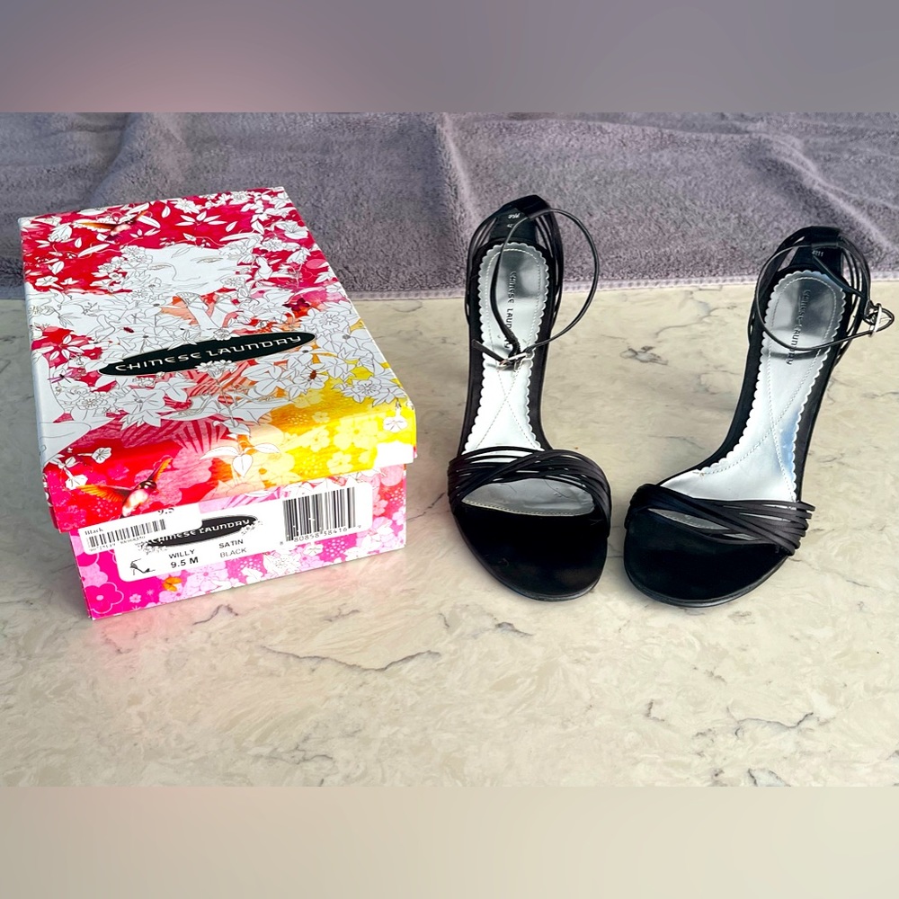 Black satin staple heel